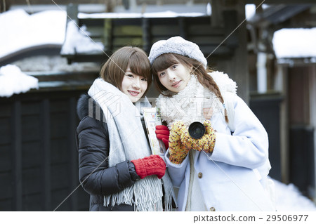 Winter girls travel in the winter Snow scenic lakeside castle town 29506977