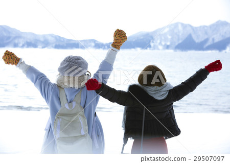 Winter girls journey Snow scenic lakeside 29507097