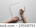 hands holding paper sheet or notebook and pen 29508793
