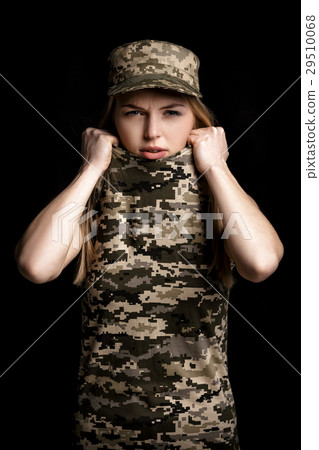 portrait of scared woman soldiers in military 29510068