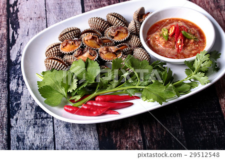 Soft-boiled blood cockles shell with spicy sauce. Soft-boiled blood cockles shell with spicy sauce. 29512548