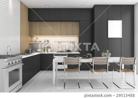 3d rendering black  kitchen with wood design 29513488