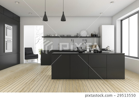 3d rendering black minimal kitchen near living roo 29513550