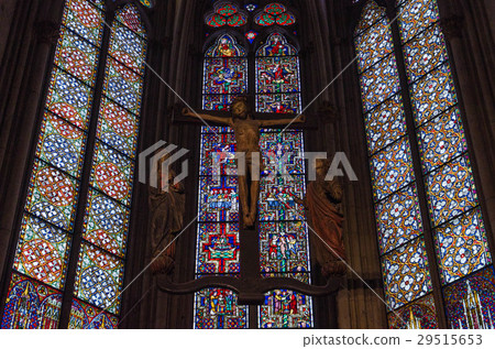 Cologne Cathedral stained glass and Christ statue (Germany) 29515653