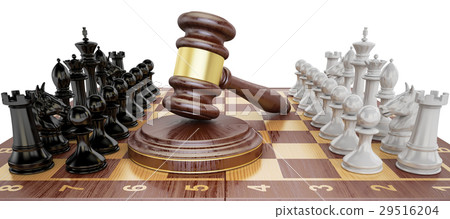 Gavel on chess board with figures. Law chess 29516204