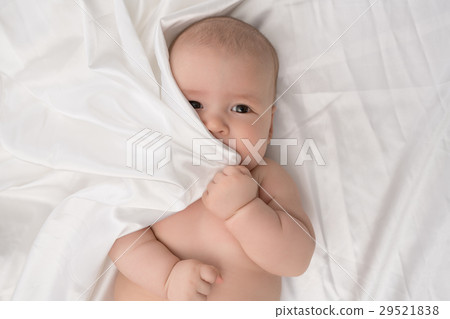 Baby boy lying on white linen studio shot Baby boy lying on white linen studio shot 29521838
