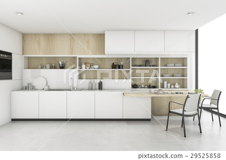 3d rendering white kitchen with minimal style deco 3d rendering white kitchen with minimal style deco 29525858