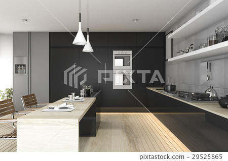 3d rendering black kitchen with wood floor and lig 29525865