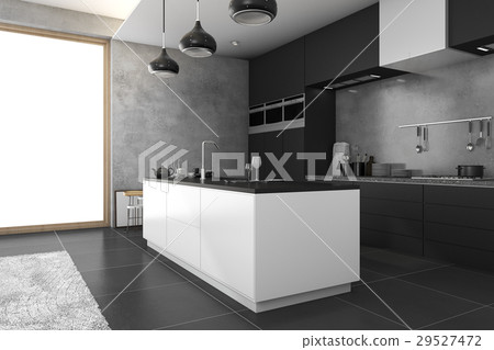3d rendering loft dark kitchen near window 29527472