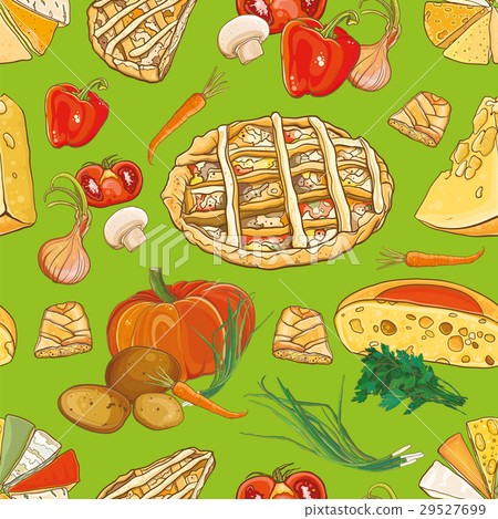 Seamless pattern with vegetables, cheese and pies 29527699