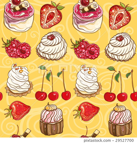 Seamless vector pattern with cakes and berries 29527700