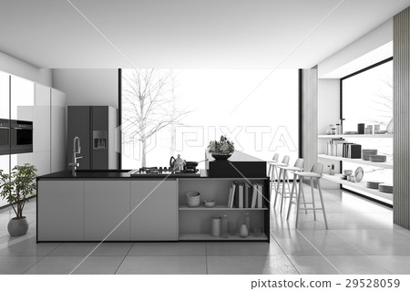 white modern kitchen and loft dining room 29528059