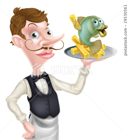 Cartoon Waiter Butler Holding Fish and Chips Cartoon Waiter Butler Holding Fish and Chips 29530561