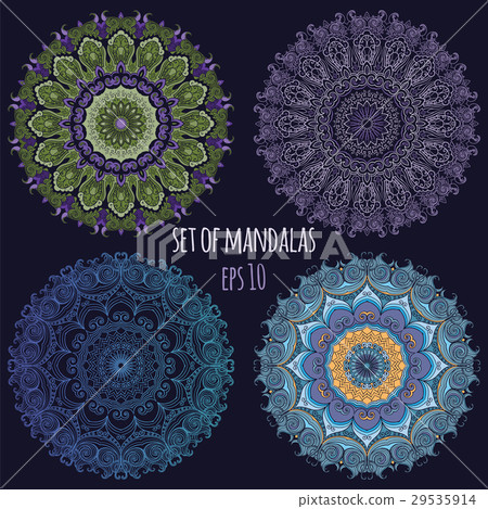 Set of vector Mandalas on the dark background. 29535914