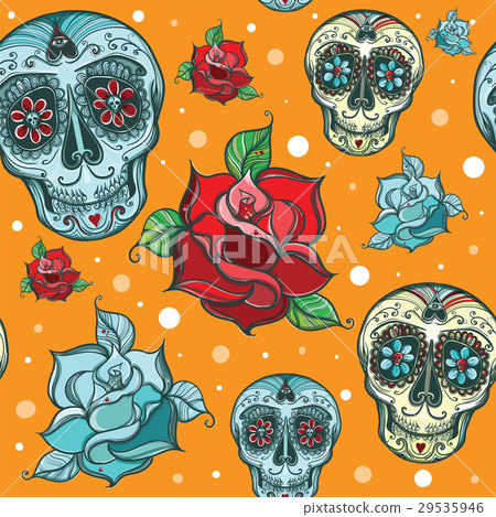 Vector seamless pattern with sugar skull and roses Vector seamless pattern with sugar skull and roses 29535946