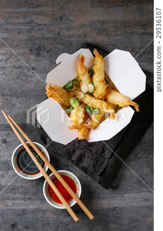 Fried tempura shrimps with sauces 29536107
