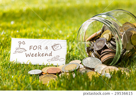 The coins at glass jar for money on green grass 29536615