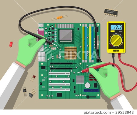 Engineer with multimeter checks motherboard 29538948
