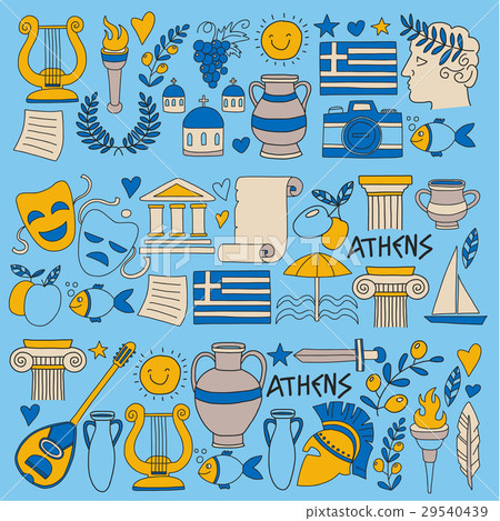 Ancient Greece Vector Elements In Doodle Style - Stock Illustration 