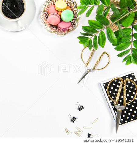 Feminine workplace coffee, macarons cookies 29541331