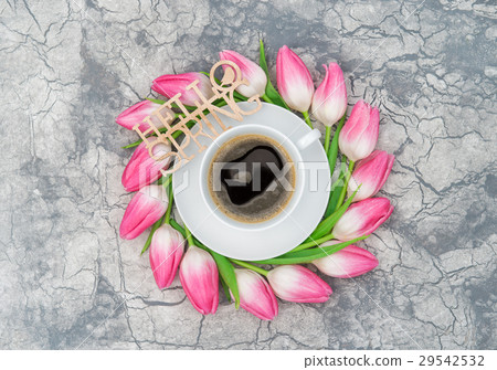Coffee pink tulip flowers Hello spring Floral flat 29542532