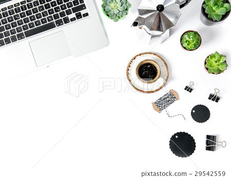 Office workplace Flat lay Coffee laptop supplies   29542559