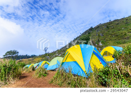 Mountain landscape with tourist tents on hill. 29543047
