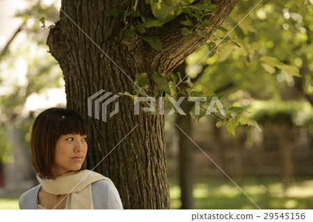 A woman leaning on a tree 29545156