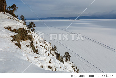 Road on the ice of winter lake Baikal 29551287