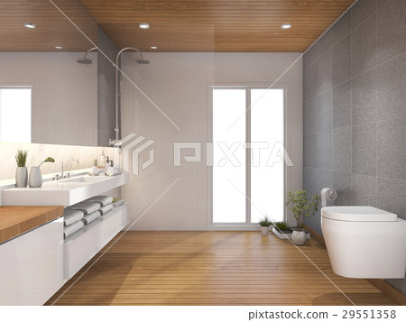 modern wood bathroom and toilet near window - Stock Illustration ...