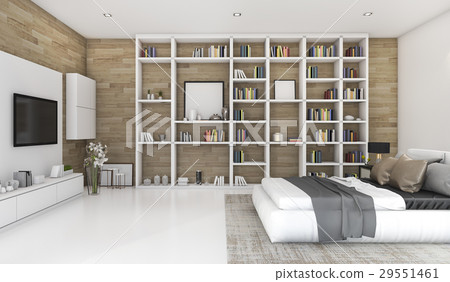 contemporary wood bedroom with built in bookshelf 29551461
