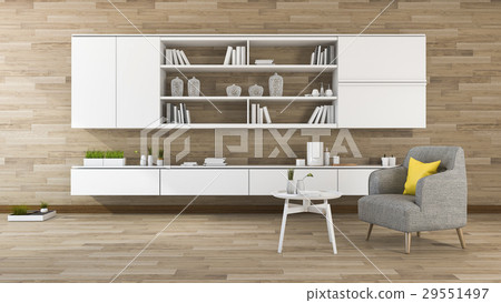 Vintage Wood Wall Living Room With Shelf Built In Stock