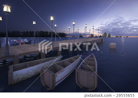 wood pier near sea with lamp post 29555655