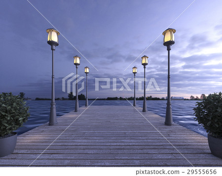 wood pier near sea with lamp post twilight scene 29555656
