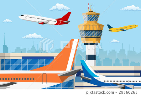 airport control tower and flying civil airplane airport control tower and flying civil airplane 29560263