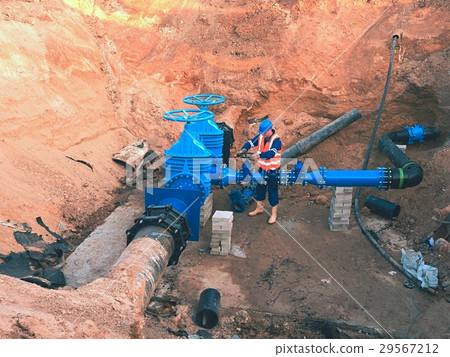 City water supply pipeline.Technical staff in vest City water supply pipeline.Technical staff in vest 29567212