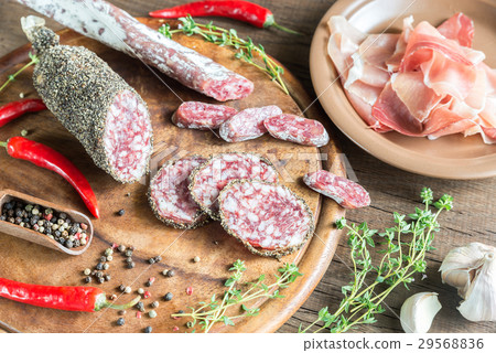 Slices of saucisson, jamon and salami Slices of saucisson, jamon and salami 29568836