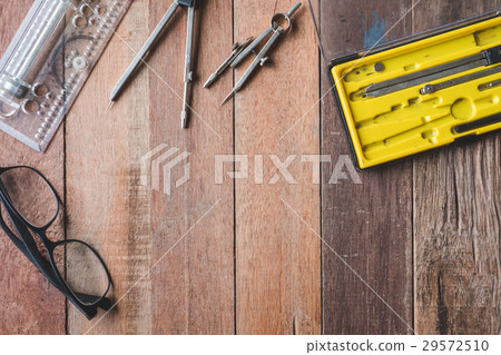 Top view of engineering tools on wooden table 29572510