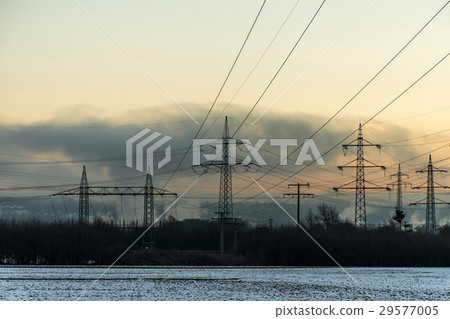 Winter electric power tower landscape Snow white Winter electric power tower landscape Snow white 29577005