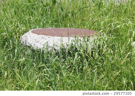 Manhole with rusty metal cover in the grass 19759 Manhole with rusty metal cover in the grass 19759 29577105