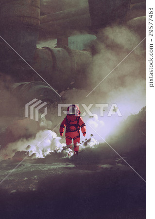 astronaut walking through smoke on planet astronaut walking through smoke on planet 29577463
