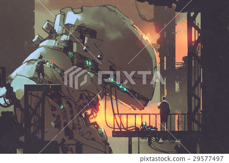 mechanicals repairing the giant robot in factory 29577497