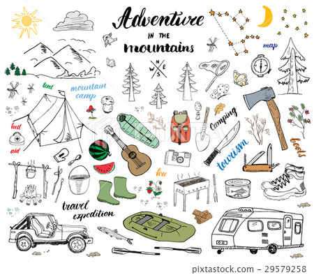Camping Hiking Hand Drawn sketch doodle set vector Camping Hiking Hand Drawn sketch doodle set vector 29579258