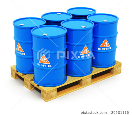 Barrels with biofuel on shipping pallet 29581116
