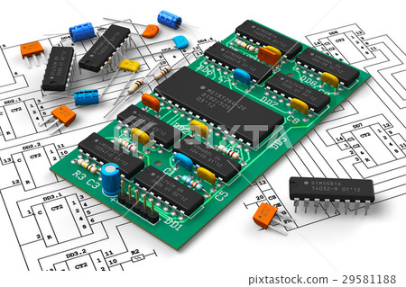 Digital circuit board with microchips 29581188