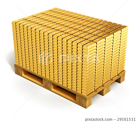 Stacks of gold ingots on shipping pallet 29581531