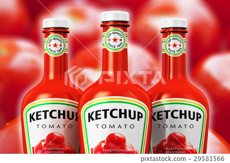 插圖素材: plastic ketchup bottles against tomato background