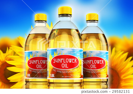 Group of plastic bottles with sunflower seed oil 29582131