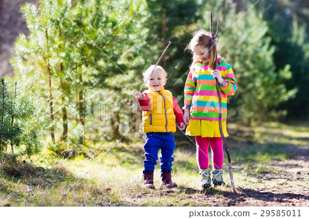 Kids hiking in autumn forest 29585011