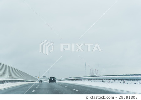 Running on the highway snowy road while driving on the Ise Gulf Motorway Running on the highway snowy road while driving on the Ise Gulf Motorway 29591805